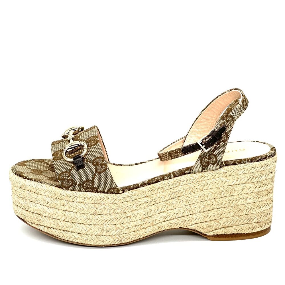 Gucci Horsebit GG Supreme Platform Espadrille Wedge Heel Sandals Shoes - Picture 4 of 16
